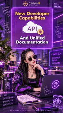 A vibrant purple-themed promotional graphic advertises "New Developer Capabilities" for Pi Network, prominently featuring an "API And Unified Documentation" section with cloud and gear icons. The image shows a woman with long dark hair wearing round sunglasses and a black jacket sitting at a table with a Pi Network notebook, a coffee cup, and a laptop displaying the Pi logo, surrounded by floating tags like "Pi," "Developer," and "Connect Real & Digital." The accompanying post explains how the Pi Network API serves as a "communication door" enabling developers to integrate AI and blockchain functionality, aligning with the graphic's emphasis on empowering developers with new API toolskits and documentation resources.