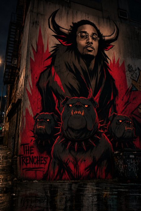 A street mural depicting a horned, bespectacled figure with a goatee looming over three fierce-looking bulldogs, with the text 'THE TRENCHES' painted below.
