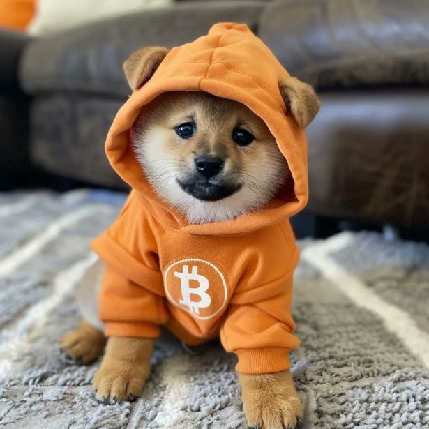 A Shiba Inu puppy wearing an orange hooded sweatshirt with a Bitcoin logo, sitting on a rug in front of a dark leather couch.
