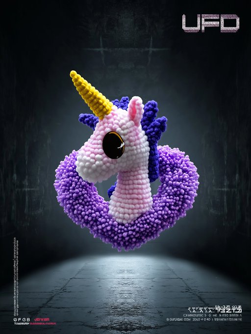 A beaded unicorn figurine with a pink head, purple mane, and yellow horn is displayed against a dark background, accompanied by the "UFD" logo in the top right corner and copyright text indicating "© UFDSCG.COM 2025" along with standard promotional disclaimers. The image aligns with the post's tribute to strength and heroism, using the noble unicorn—a symbol of courage and resilience—to visually represent $UFD's commemorative message.