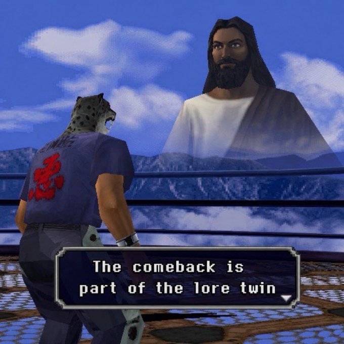 A video game screenshot showing a wrestler character wearing a jaguar mask facing a giant apparition of Jesus with the dialogue text 'The comeback is part of the lore twin'.