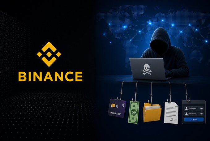 A warning graphic featuring the yellow Binance cryptocurrency exchange logo on the left, juxtaposed with a hooded hacker using a skull-emblazoned laptop on the right, with phishing hooks dangling credit card, money, folder, document, and login credential icons.
