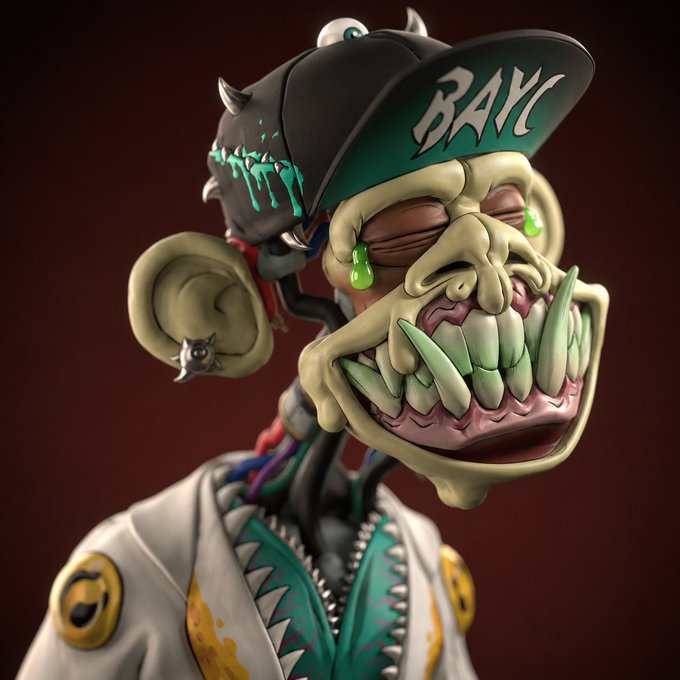 A 3D rendered cartoonish zombie character with bulging green eyes, sharp teeth, and a cap that says 'BAYC', wearing a white jacket with green accents.