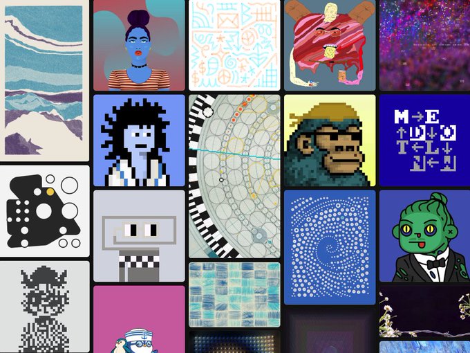 A grid collage of diverse digital artwork and NFT-style images, featuring various styles including pixel art, abstract patterns, illustrations of a blue-skinned woman, a raccoon, a green character in a suit, and a piano keyboard.