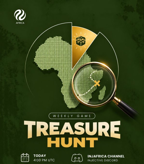 A promotional graphic for 'TREASURE HUNT' Weekly Game by AFRICA, featuring a map of Africa with a treasure chest icon and magnifying glass, dated for today at 4:00 PM UTC.