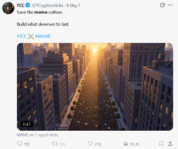 A Twitter post from @TCC (@TCryptoChiefs) dated 8 thg 7 reads "Save the meme culture. Build what deserves to last. #TCC #M4ME" showing an AI-generated cityscape with golden hour lighting.