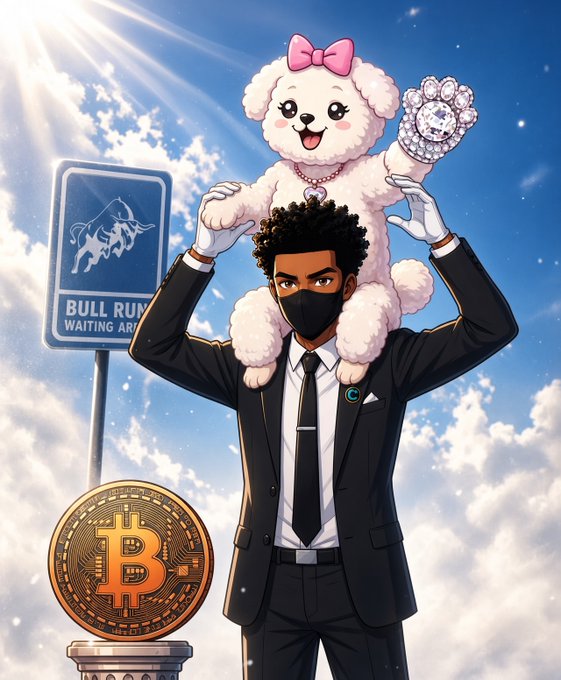 An anime-style illustration of a man in a black suit and face mask with a white poodle on his shoulders, accompanied by a large Bitcoin coin and a blue "BULL RUN WAITING AREA" sign in a cloudy sky.