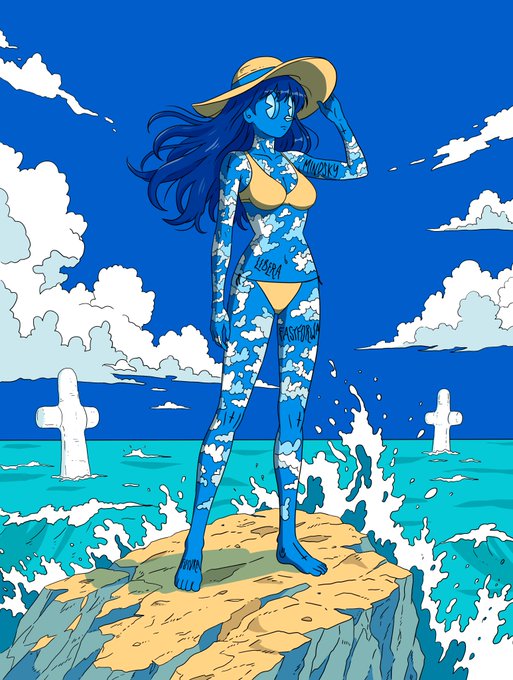 A blue-skinned anime-style character wearing a yellow bikini and wide-brimmed hat stands atop a rocky outcrop surrounded by splashing turquoise water, with white crosses visible in the sea and a bright blue sky filled with clouds behind her. The words "MINDSKY" and "ICE" appear as text on her body, aligning with the post's reference to the Mindsky airdrop featuring art from @IceGirlzNFT.