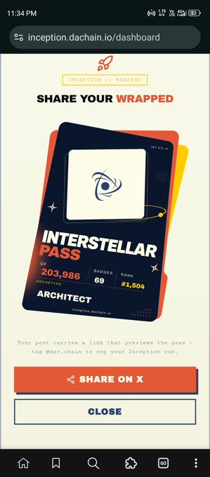 A mobile screenshot displays a "Share Your Wrapped" interface from inception.dachain.io, featuring an "Interstellar Pass" card with the Inception logo, showing stats of 203,986 QE, 69 badges, and Rank #1,504 for "Architect," along with a red "Share on X" button below. The post shares these exact stats, highlighting 200K+ QE earned, the Architect rank, and 69 badges earned as "The Evangelist."