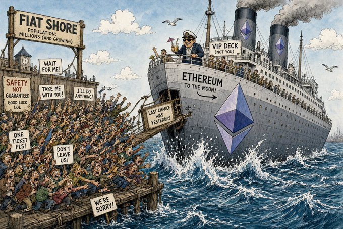 The cartoon depicts the "Ethereum" ship setting sail "TO THE MOON" with a "VIP DECK (NOT YOU)" while a massive crowd is stranded at "FIAT SHORE," desperately pleading with signs like "ONE TICKET PLS!," "DON'T LEAVE US!," and "LAST CHANCE WAS YESTERDAY" as the ship with the ETH logo departs. It perfectly illustrates the post's concern about Ethereum's 25% surge leaving millions of investors sidelined during the bull run.