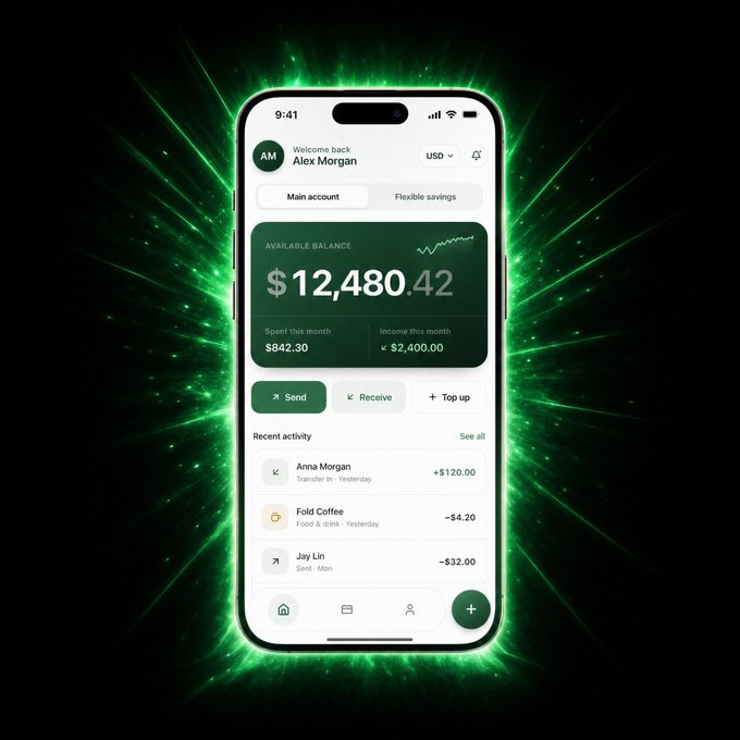 The image features a smartphone displaying a green glow, possibly due to a light source or a special effect. The phone's screen shows a message about cryptocurrency and savings accounts, with a focus on trust as the key factor for success in this competitive world.