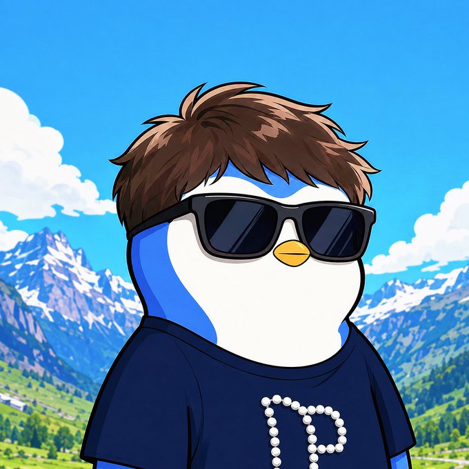 An animated penguin character with brown hair and sunglasses wears a navy shirt with 'TD' on it, set against a mountain landscape.
