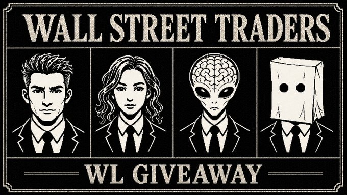 A black-and-white illustration reading 'WALL STREET TRADERS WL GIVEAWAY' depicting four characters in suits — a man, a woman, an alien, and a paper bag-headed figure.