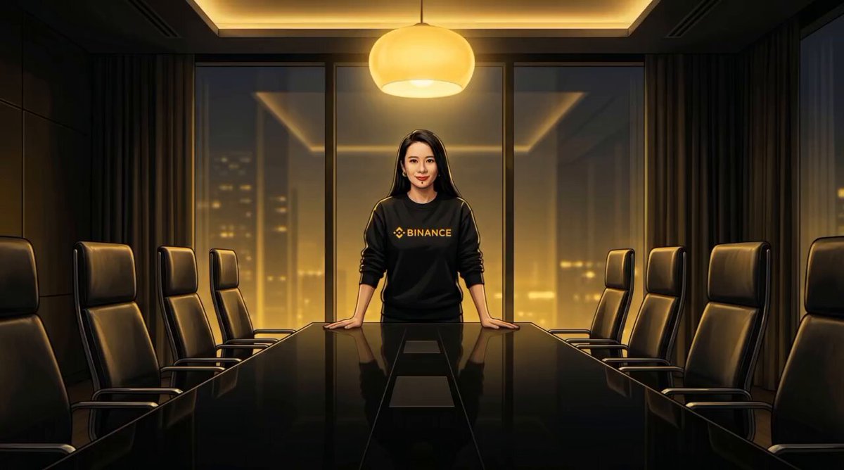 The image features a woman standing at a conference table, wearing a black sweater with "Enance" written across her chest. She appears to be posing for a photo or giving a speech during an event. The room has several chairs arranged around the table, suggesting that this is likely a formal gathering or meeting. In the background, there are windows providing natural light and a chandelier hanging from the ceiling, adding elegance to the setting. The image also includes text related to the post "First crypto-native executive on Fortune's Most Powerful Women list".