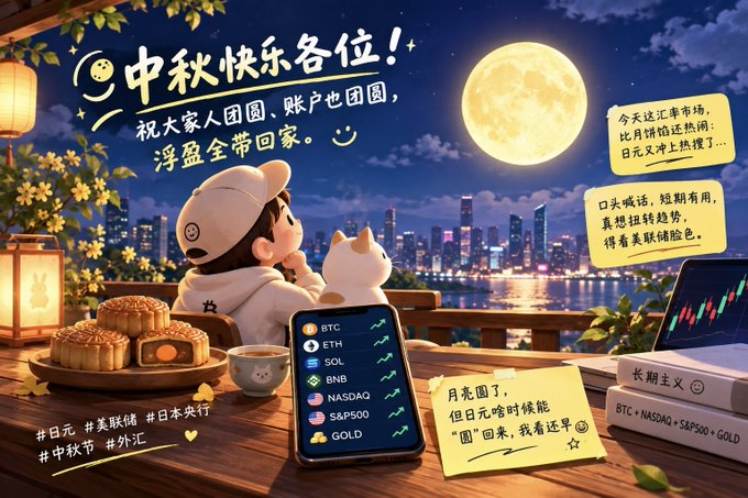 A cartoon illustration celebrates the Mid-Autumn Festival ("中秋快乐各位") with a child in a cap and a cat gazing at the full moon over a cityscape, alongside mooncakes and a smartphone displaying rising tickers (BTC, ETH, SOL, BNB, NASDAQ, S&P500, GOLD). Text notes include "日元, 美联储, 日本央行, 中秋节, 外汇," matching the post's theme of tying the holiday to currency market movements involving the yen, the Fed, and the Bank of Japan.