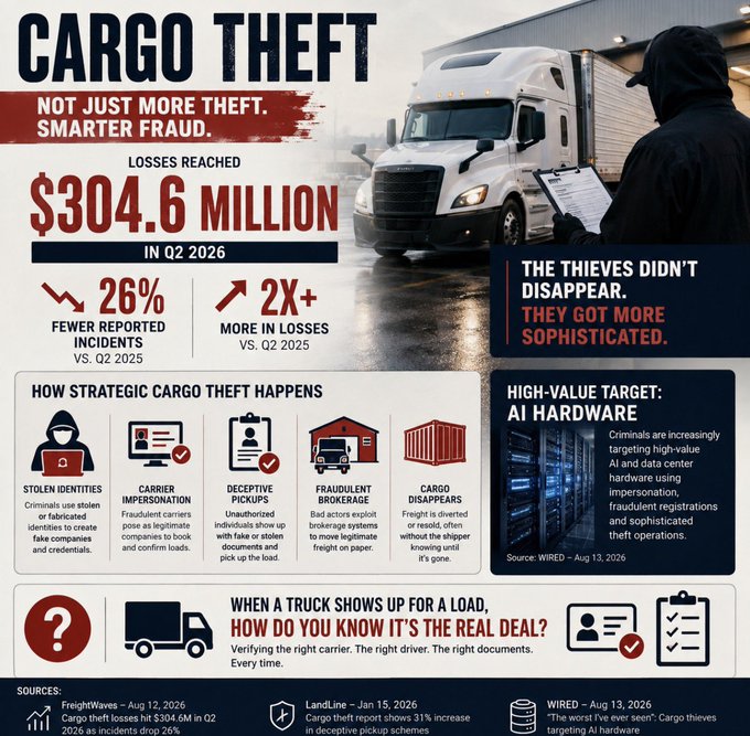 An infographic about cargo theft titled 'CARGO THEFT: NOT JUST MORE THEFT. SMARTER FRAUD.' highlighting $304.6 million in losses in Q2 2026, a 26% decrease in reported incidents but 2x+ more in losses, with sections on strategic theft methods and AI hardware as a high-value target.