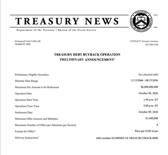A 'TREASURY NEWS' document from the Department of the Treasury dated October 7, 2026, announces a 'TREASURY DEBT BUYBACK OPERATION' scheduled for October 8, 2026.