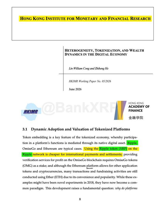 The image shows a page from a book titled "Heteringogeneous, tokenization and wealth dynamics in the digital economy" by Hong Kong Institute for Monetary and Financial Research (HKIR). The page has a yellow header that reads "Hong Kong Institute for Monetary and Financial Research". Below this is a white text box with green and yellow text. The title of the paper is written in black text, while the author's name is written in blue. The image also contains some text about tokenization and its impact on international payments and settlements.
