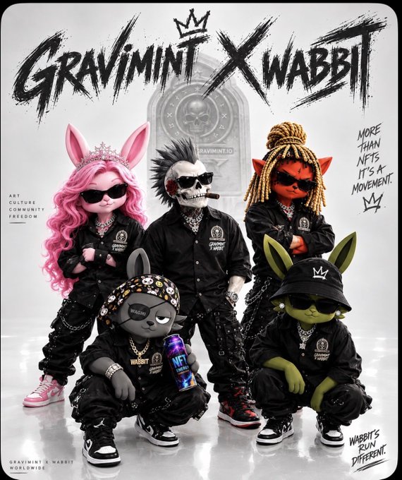 A promotional poster featuring five stylized anthropomorphic characters in streetwear, with the bold text "GRAVIMINT X WABBIT" at the top and taglines including "MORE THAN NFTS IT'S A MOVEMENT" and "WABBIT'S RUN DIFFERENT." The image aligns with the post's alpha/meta messaging by branding the "Wabbits" NFT collection as a leader in the Gravimint crypto project, rallying the community to "lock in."