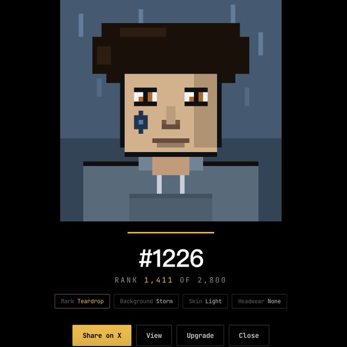 A pixel art NFT portrait labeled '#1226' shows a brown-skinned character with a teardrop tattoo under the eye, ranked '1,411 OF 2,800'.