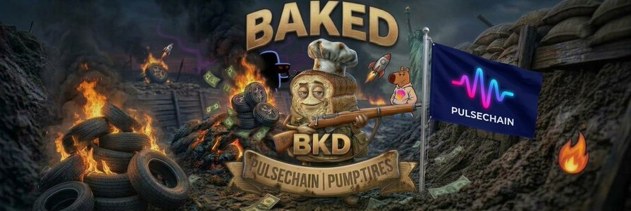 A battle-themed crypto promotional graphic for 'BAKED (BKD)' featuring a bread-like character holding a rifle amid burning tires and trenches, with a 'PULSECHAIN' flag and text 'PULSECHAIN PUMPTIRES.'