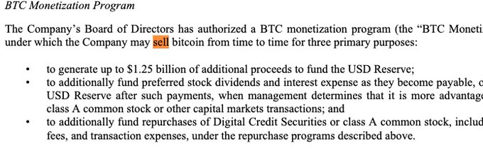 A document excerpt describing a 'BTC Monetization Program' by a company's Board of Directors, allowing the sale of bitcoin to generate up to $1.25 billion for a USD Reserve and fund dividends, stock repurchases, and related expenses.