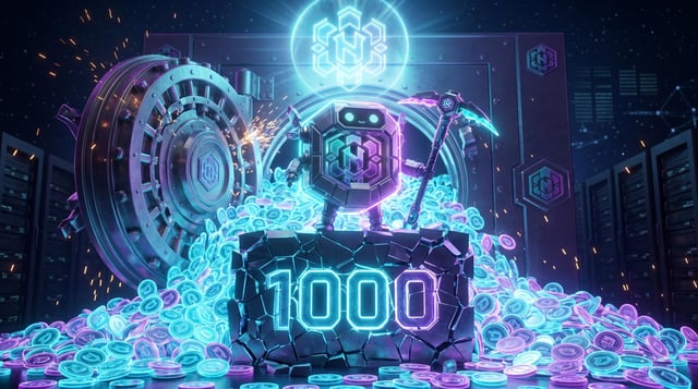 The image features a robot with a hammer and a box filled with coins. The robot appears to be holding up a sign that says "1,000", indicating that they have reached a milestone or achievement. The text also suggests that there are 26,000 DGB Milestone Drops available for purchase in the future.