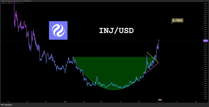 The image shows an upward-sloping line graph, with a purple and blue logo at the top indicating that the graph represents something related to cryptocurrency or financial markets. The caption below the graph states "I told you $INJ would have a good new month our target of $8.7 is approaching." This suggests that there might be an increase in the value of Bitcoin, another type of cryptocurrency, which is part of the chart.
