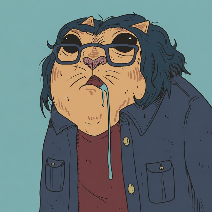 An illustrated cat character with dark hair, glasses, and a navy jacket is shown drooling a long stream of drool from its mouth. The image humorously represents the "$drooling cat" meme referenced in the post, visually emphasizing the meme with its exaggerated drooling expression as the poster predicts it could become a 100-million-dollar runner.