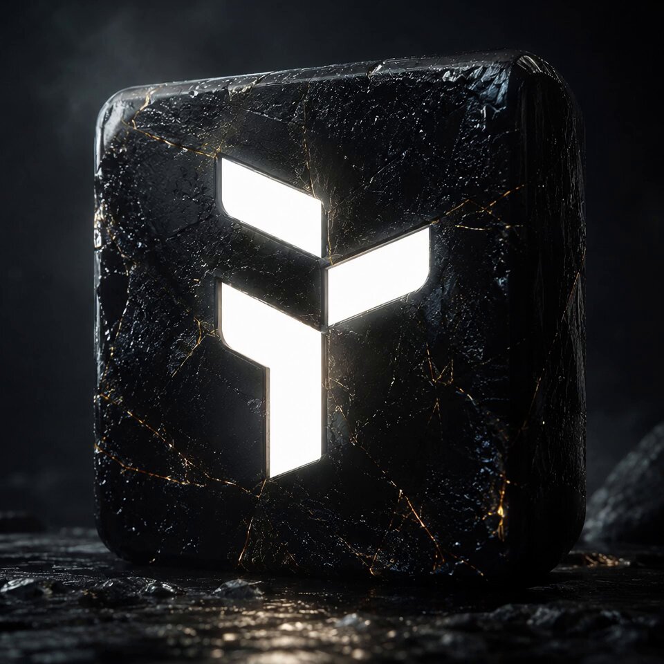 The image shows a black square stone with a white "Y" symbol on top of it. The stone has a rough texture and appears to be cracked or broken. It's placed on a surface, possibly a table or a rock, which is dark in color. The background is blurred, making the stone stand out more prominently.