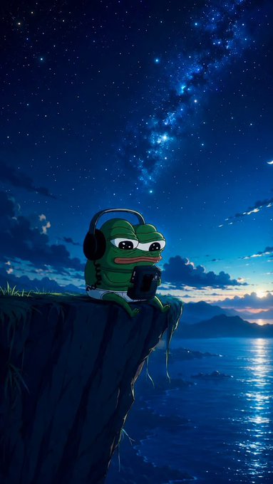 Digital illustration of a green frog/pepe character wearing headphones and sitting on a cliff at night under a starry sky with the Milky Way visible above an ocean.