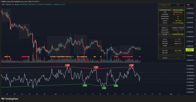 The image displays a TradingView 4-hour candlestick chart for SHIB/USD on Binance, showing price action around 0.00000770 alongside an RSI indicator below with multiple bullish divergence signals marked. This aligns with the post's claim of strong ongoing accumulation, as the repeated RSI divergences and the high accumulation score of 100 visually support the bullish thesis for Shiba Inu.