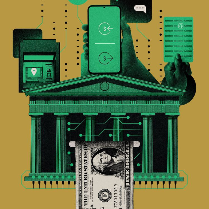 A hand holds a smartphone displaying a dollar transfer icon above a classical bank building with columns, from which a one-dollar bill emerges, alongside an ATM and binary code—all rendered in green and yellow tones—symbolizing the convergence of traditional banking and encrypted DeFi infrastructure as SedonaFi migrates to Arbitrum with Fhenix's CoFHE technology to enable fully encrypted banking without trusted hardware.