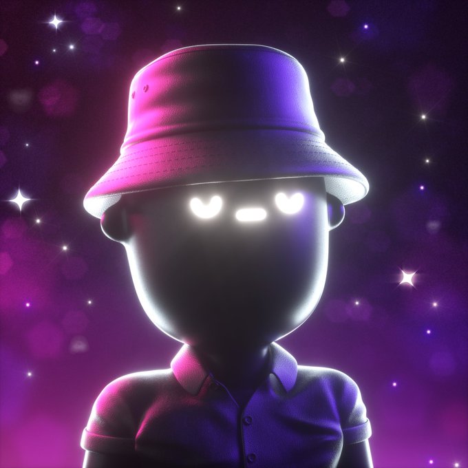A stylized 3D illustration of a character wearing a pink bucket hat with glowing heart-shaped eyes set against a purple starry background.