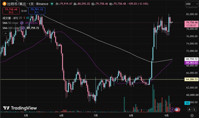 A TradingView candlestick chart of Bitcoin/US Dollar (BTC/USD) on Binance shows price action around $79,758 over a daily timeframe with SMA 50 and SMA 200 moving averages.