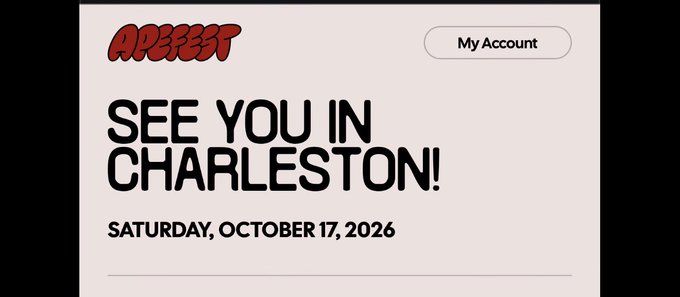 Promotional graphic with a red 'APEFEST' logo and 'My Account' button, announcing 'SEE YOU IN CHARLESTON! SATURDAY, OCTOBER 17, 2026'.