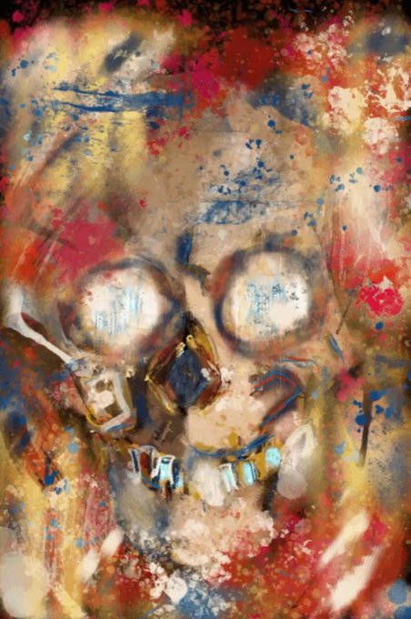 A vibrant, abstract painting of a skull with large hollow eyes and teeth, rendered with splashes of red, blue, yellow, and brown paint.