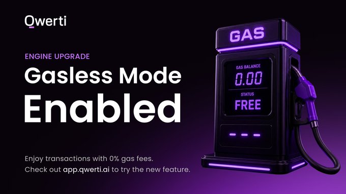 A purple-themed promotional graphic for 'Qwerti' advertising their 'Engine Upgrade' feature called 'Gasless Mode Enabled' with a neon gas pump showing '0.00' and 'FREE' status.