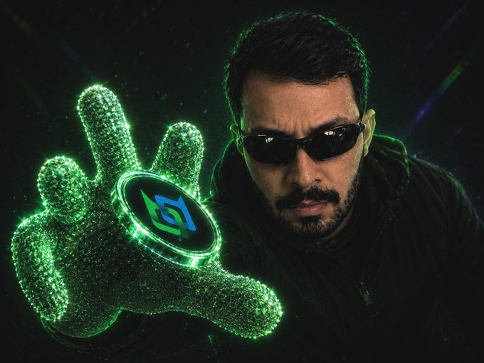 A stylized image of a man wearing dark sunglasses with a glowing green digital hand holding a logo reaching toward the viewer.