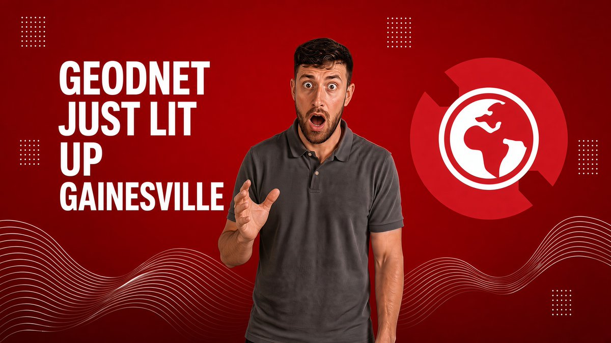 A promotional thumbnail with a red background featuring a shocked man in a gray polo shirt, alongside bold text 'GEODNET JUST LIT UP GAINESVILLE' and the Geodnet globe logo.