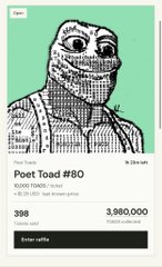 An NFT listing for 'Poet Toad #80' on Zora shows a pixel-art frog character with a crown, priced at 398 TOKENS (10,000 TOKENS/1 ether) with a total of 3,980,000 tokens.