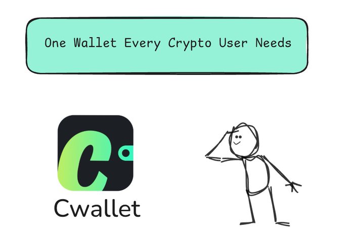 Promotional graphic with the text 'One Wallet Every Crypto User Needs' featuring the Cwallet app logo and a stick figure illustration.