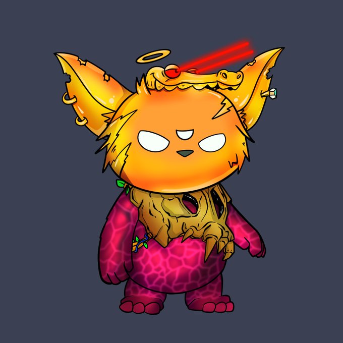 A cartoon illustration of an orange chibi character with angel wings, a halo, and red laser eyes, wearing a pink patterned outfit and a golden skull chestplate.