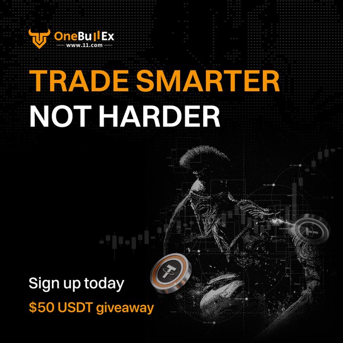 An advertisement for OneBullEx.com featuring a gladiator warrior overlaid on candlestick charts, with the tagline 'Trade Smarter Not Harder' and a $50 USDT signup giveaway offer.