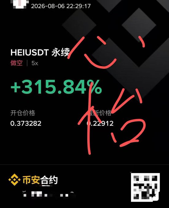 A mobile screenshot showing a trading position for HEIUSDT with a +315.84% gain, featuring red handwritten Chinese annotations reading '心碎' (heartbroken) and '后悔' (regret).