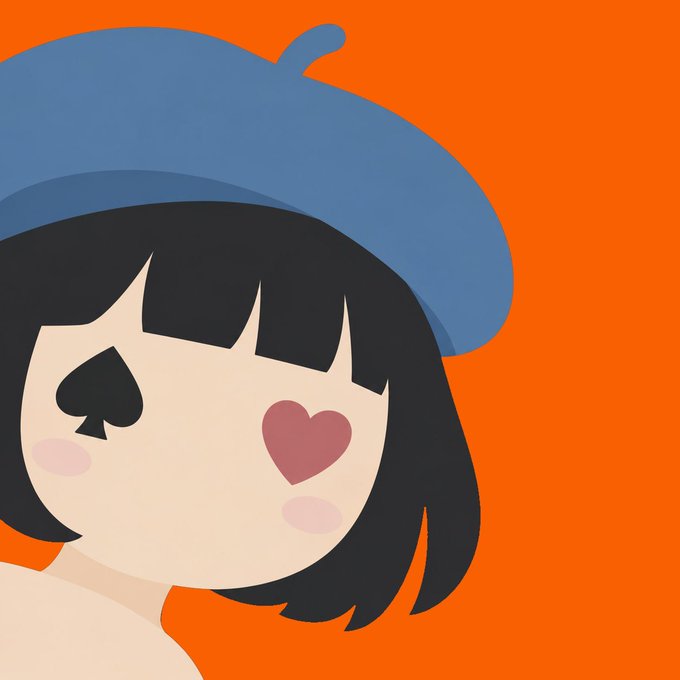 A cartoon illustration of a girl with black hair wearing a blue beret, featuring a spade on one cheek and a heart on the other, against an orange background.