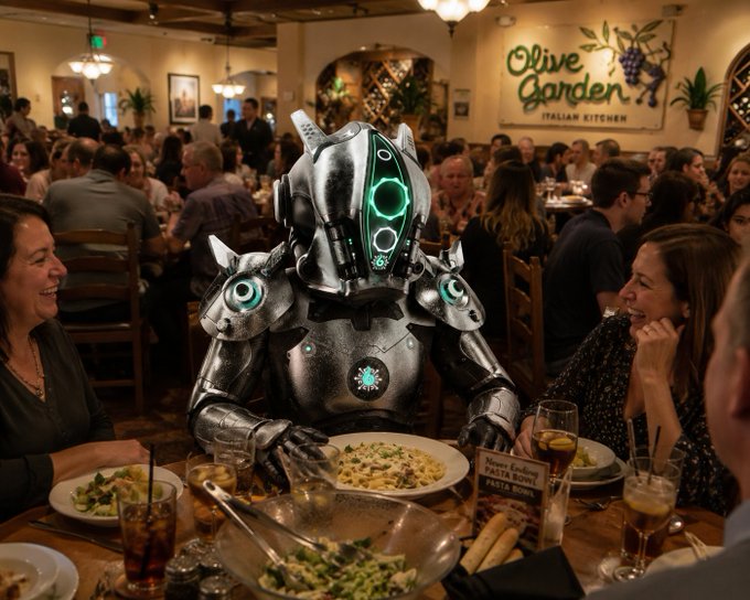 AI-generated scene of a futuristic robot with glowing teal accents seated at a dining table at an Olive Garden restaurant, surrounded by smiling human patrons with pasta and drinks.