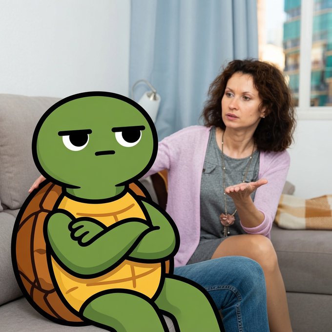 A woman looks confused and gestures toward a cartoon turtle with an unimpressed, indifferent expression, humorously mirroring the sentiment of "WHO THE FUCK IS SOLANA." The turtle's apathetic pose serves as a visual stand-in for someone refusing to engage with the question about the cryptocurrency.