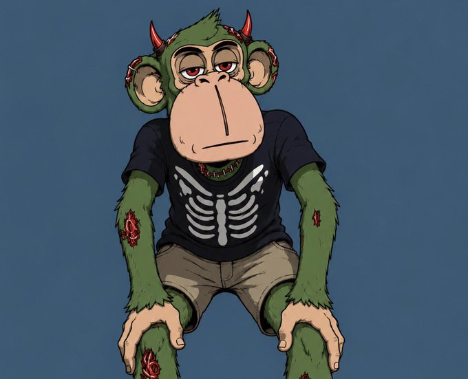 An illustration of a cartoon monkey wearing a black skeleton-print t-shirt, featuring small red horns, zombie-like wounds, and a tired expression against a blue background.