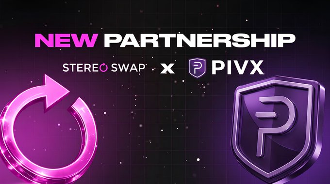 A promotional banner announcing 'NEW PARTNERSHIP' between 'STEREO SWAP' and 'PIVX' on a pink and purple cosmic background.